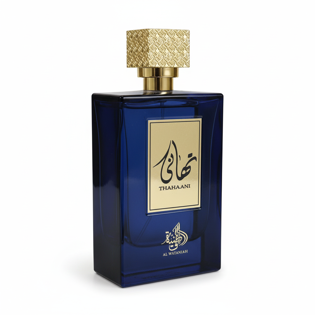 Blue Thahaani perfume bottle with matching packaging on a white background