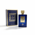 Blue Thahaani perfume bottle with matching packaging on a white background