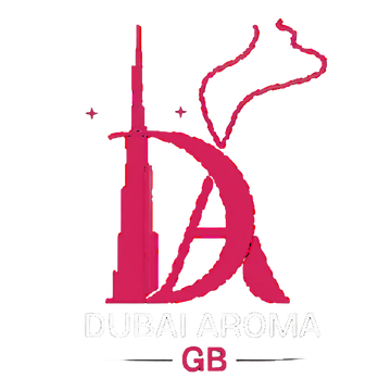 Logo of Dubai Aroma GB with a stylized building and flag design on a white background.